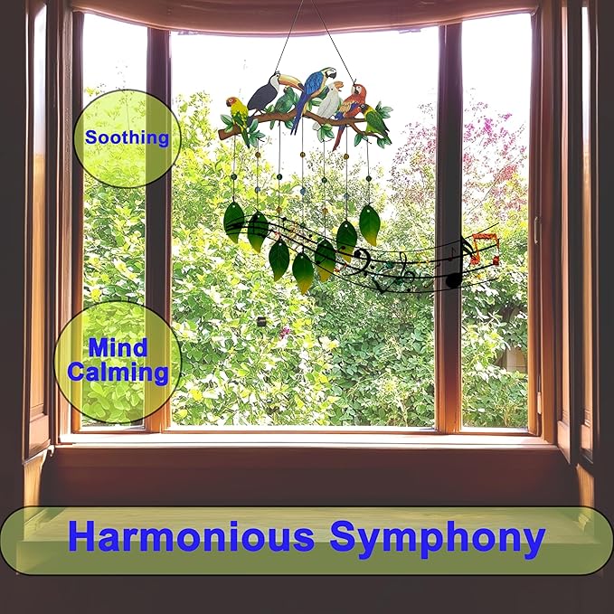 Parrot Wind Chimes Outdoor - Colorful Metal & Glass Leaves Hanging Decor for Garden, Yard, Porch