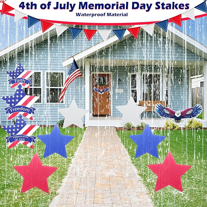 11 Pcs Independence Day Yard Signs(2 Eagles+9 Stars), 4th of July Patriotic Outdoor Decorations, Memorial Day Pentagram(Red White Blue) Garden Sign with Stakes for Fourth of July Celebration