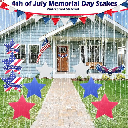 11 Pcs Independence Day Yard Signs(2 Eagles+9 Stars), 4th of July Patriotic Outdoor Decorations, Memorial Day Pentagram(Red White Blue) Garden Sign with Stakes for Fourth of July Celebration