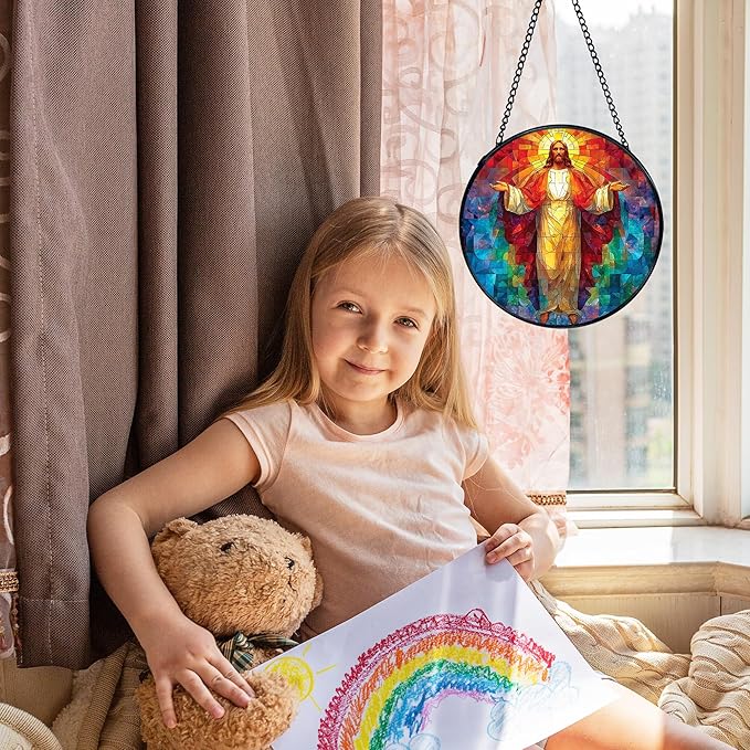 Easter Jesus Christian Suncatcher Stained Glass Window Hanging, Jesus Religious Sunshine Sun Catchers Indoor Window Glass Wall Art Decor, Christian Wall Hanging Decor, 7.9x7.9 Inch