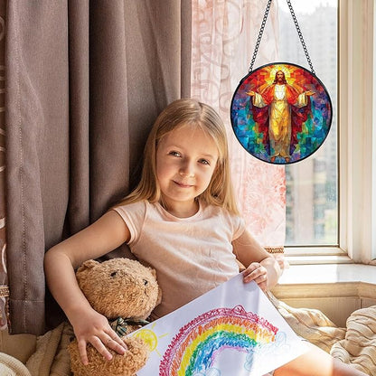 Easter Jesus Christian Suncatcher Stained Glass Window Hanging, Jesus Religious Sunshine Sun Catchers Indoor Window Glass Wall Art Decor, Christian Wall Hanging Decor, 7.9x7.9 Inch