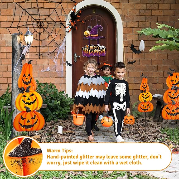Halloween Metal Pumpkin Yard Stakes, Stackable Pumpkin Signs Garden Stake with Witch Door Hanging, Outdoor Halloween Decorations for Lawn Party (Set of 3, Style A)