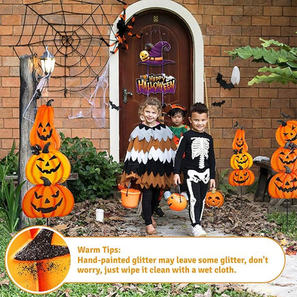 Halloween Metal Pumpkin Yard Stakes, Stackable Pumpkin Signs Garden Stake with Witch Door Hanging, Outdoor Halloween Decorations for Lawn Party (Set of 3, Style A)