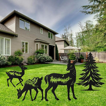 Romart Deer and Pine Tree Decorative Garden Stakes, 4 Pcs Forest Silhouette Metal Garden Stakes for Outdoor Yard Lawn Decor, Christmas for Nature Lovers