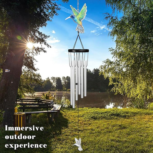 Outdoors Hummingbird Wind Chimes Sympathy Memorial for Loss of Loved One - Soothing Melodic Tones Aluminum Chime Great as a Gift for Your Patio Porch Garden and Backyard (Silvery, Hummingbird)