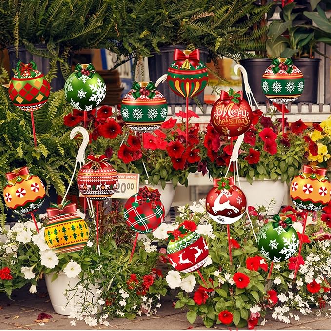Zonon 12pcs Winter Garden Decorations Winter Snowflake Metal Planter Stakes for Patio Lawn Planter Pot Xmas Nutcracker Gingerbread Yard Stake Signs Outdoor Lawn Decor Party Favor(Ball)