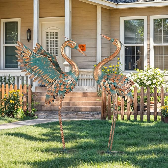 Extra-Large Metal Crane Statue, 36.8" Handcrafted Blue Heron Decor Sculptures with Stable U-Ground Stakes, Backyard Decoration, Metal Garden Bird Animal Yard Art, Lawn Ornament Decor