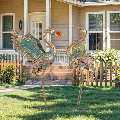Extra-Large Metal Crane Statue, 36.8" Handcrafted Blue Heron Decor Sculptures with Stable U-Ground Stakes, Backyard Decoration, Metal Garden Bird Animal Yard Art, Lawn Ornament Decor
