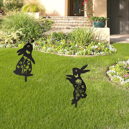 2pcs Easter Bunny Garden Stakes, Metal Rabbit Garden Decor Bunny Statue for Yard Animal Sculpture Decor Welcome Sign for Indoor Outdoor Patio Lawn
