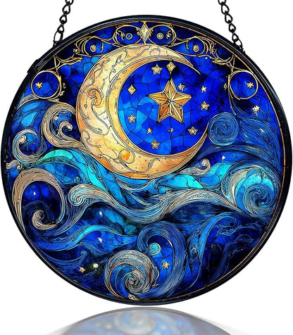 kdqua Moon and Star Suncatcher Stained Glass Window Hanging, Blue Celestial Astronomy Sun Catchers Indoor Window Glass Round Wall Decor, Moon and Stars Wall Art Hanging Decorations Statues, 7.9x7.9in