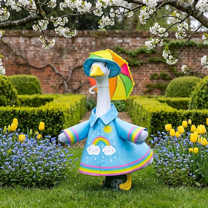 DECOHS 3 Pcs/Set Raincoat Porch Goose Outfits, Summer Lawn Goose Statue Raincoat Costume, Yard Goose Clothes Raincoats Umbrella Hat Outfit for 23" Statue Patio Garden Decoration (Blue Rainbow)