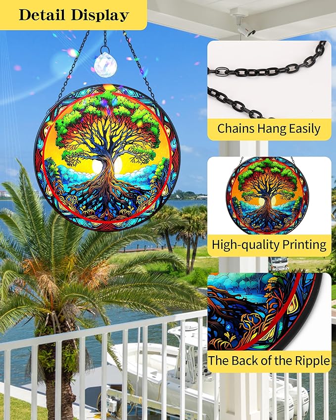 Tree of Life Stained Glass Suncatcher,Heart Shape Tree of Life Window Hanging Decor,Handmade Glass Sun Catcher with Crystal Prism, for Mom Housewarming Birthday Home Decor(7.8 in)