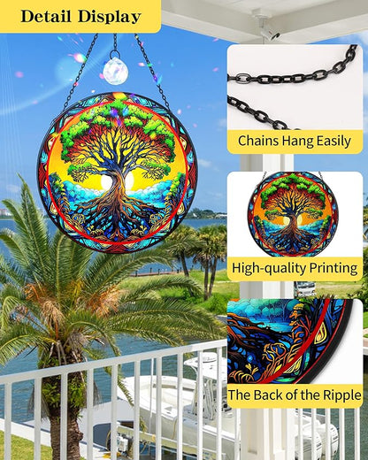 Tree of Life Stained Glass Suncatcher,Heart Shape Tree of Life Window Hanging Decor,Handmade Glass Sun Catcher with Crystal Prism, for Mom Housewarming Birthday Home Decor(7.8 in)