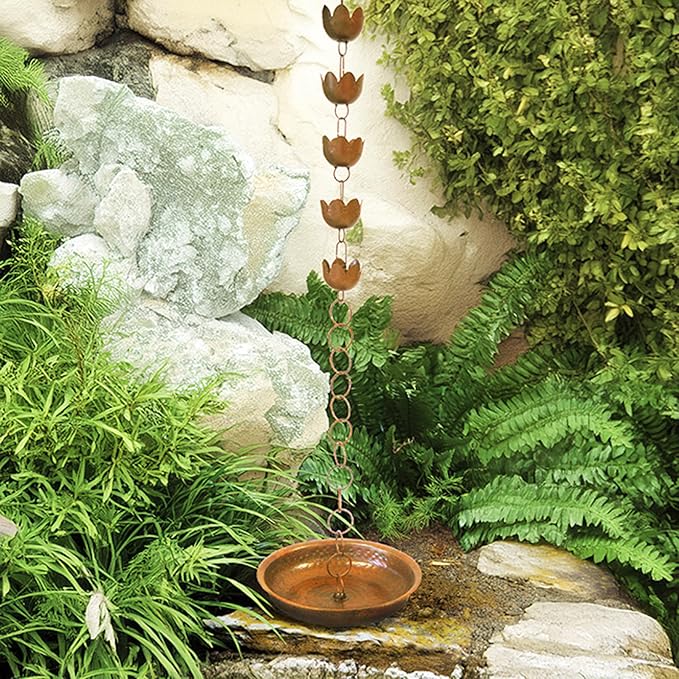 BestNest Ancient Graffiti Lily Rain Chain with Receptacle – Decorative Downspout Replacement with Flamed Copper Finish for Gutters & Garden Drainage