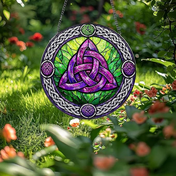 Stained Glass Window Hanging Suncatcher, 8" Round Celtic Knot Sun Catcher, Purple and Green Decorative Glass Art for Home Garden, Gift for Women Mom Gradma