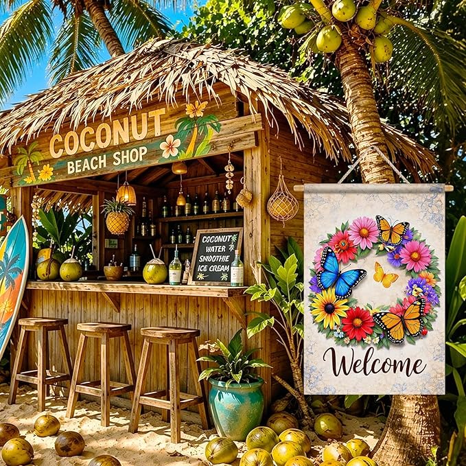 IVN Butterfly Garden Flag 12x18 Inch – Welcome Floral Wreath Outdoor Flag, Double Sided Burlap Spring Summer Yard Flag for Porch Lawn Patio Decor