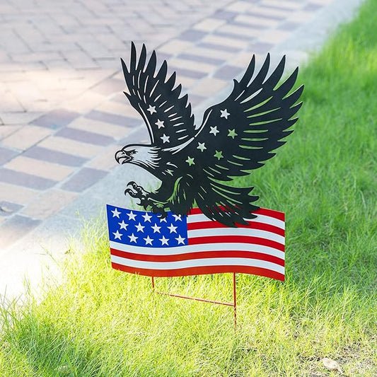 Glitzhome 29.75"H Patriotic Americana Metal Eagle Silhouette & Flag Yard Signs,Patriotic Decorative Garden Stakes for 4th of July Decorations Outdoor,Memorial Day Yard Signs for Lawn Porch Decor