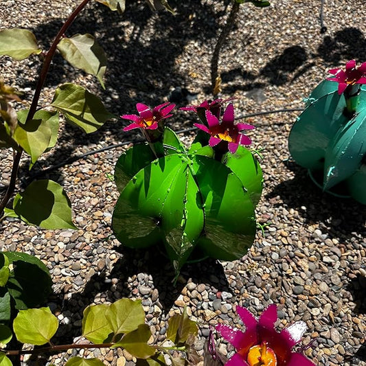 Handmade Metal Bisnaga Cactus with Flowers - Garden Art Decor (Lime)