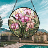 Stained Glass Window Hanging - Pink Phalaenopsis Orchid Green Leaves Sun Catcher for Door Home Decor Flower Suncatcher Christmas Mother's Day Birthday Gifts for Women Men Mom Nana 7.8 in