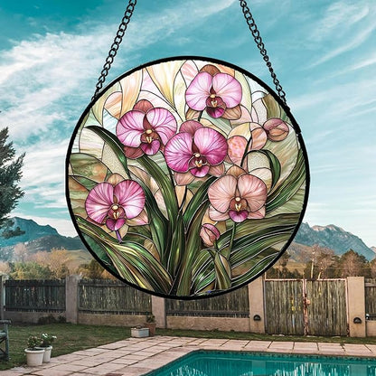 Stained Glass Window Hanging - Pink Phalaenopsis Orchid Green Leaves Sun Catcher for Door Home Decor Flower Suncatcher Christmas Mother's Day Birthday Gifts for Women Men Mom Nana 7.8 in