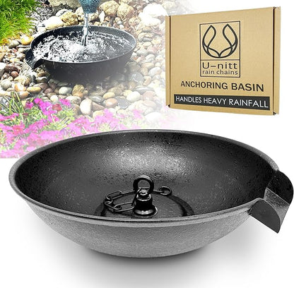 U-nitt 12" Spill Bowl Downspout Catch Basin for Rain Chain Anchoring & Stake | Rainwater Collection for Roof |Gutter Catch Basin | Good for Water Fountain & Birdbath | Black | Handles Heavy Rain