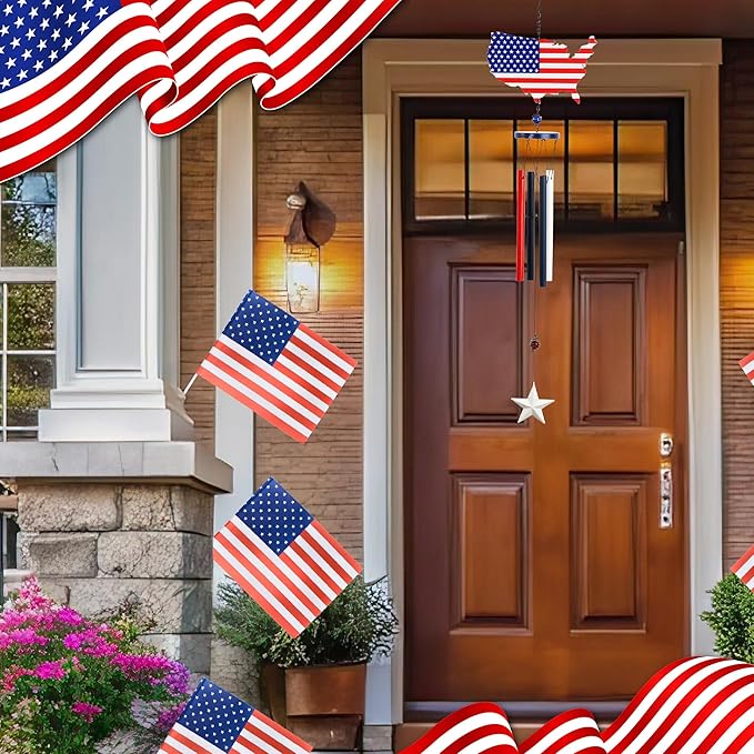 CoTa Global USA Map Flag Wind Chime - Handmade Metal Hanging Decor, Patriotic United States Ornament with Red Blue Tubes, Indoor Outdoor Porch Patio Yard Decoration - 33 Inches