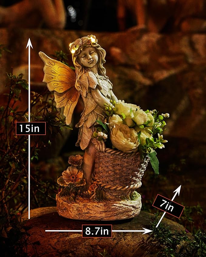 Garden Statue with Planter, Fairy Sculpture Flower Pot with Solar Light for Home Garden Planter Decoration, Yard Decor,Resin H 15 Inch (Fairy with Planter)