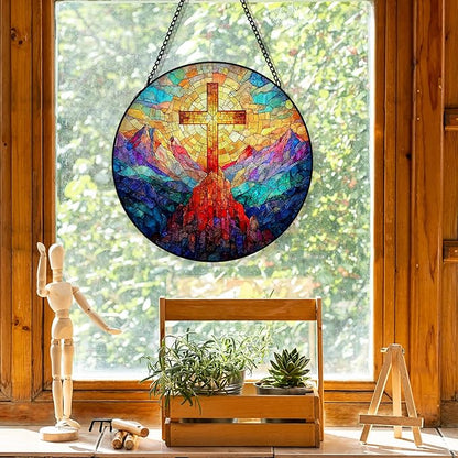 Christian Cross Suncatcher Stained Glass Window Hanging, Christian Sunset Landscape Sun Catchers Indoor Window Glass Round Wall Decor, Religious Cross Wall Art Hanging Decorations, ＂7.8x7.8＂