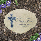 GiftsForYouNow Personalized Blue Floral Memorial Cross Small Flat Garden Stone - Elegant Tribute for Loved Ones - Decorative Stone