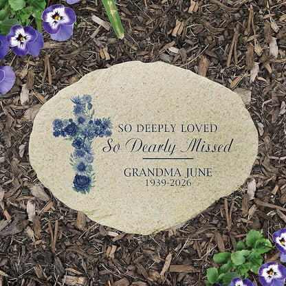 GiftsForYouNow Personalized Blue Floral Memorial Cross Small Flat Garden Stone - Elegant Tribute for Loved Ones - Decorative Stone