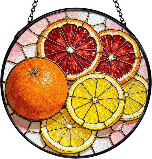 Orange Lemon Suncatchers Stained Glass Window Hanging, Lemon Kitchen Decor, Orange Gifts for Women, Summer Fruit Sun Catchers Indoor Window Glass Round Wall Decor, 7.9x7.9in