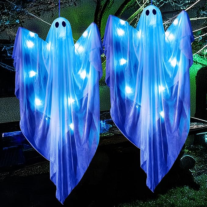 JOYIN 2 Pcs 47” Halloween Light up Hanging Ghost Decoration Outdoor, Halloween Hanging Ghosts Decoration with Blue LED Light for Front Yard Patio Lawn Garden Party Decor Indoor Outdoor