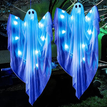 JOYIN 2 Pcs 47” Halloween Light up Hanging Ghost Decoration Outdoor, Halloween Hanging Ghosts Decoration with Blue LED Light for Front Yard Patio Lawn Garden Party Decor Indoor Outdoor