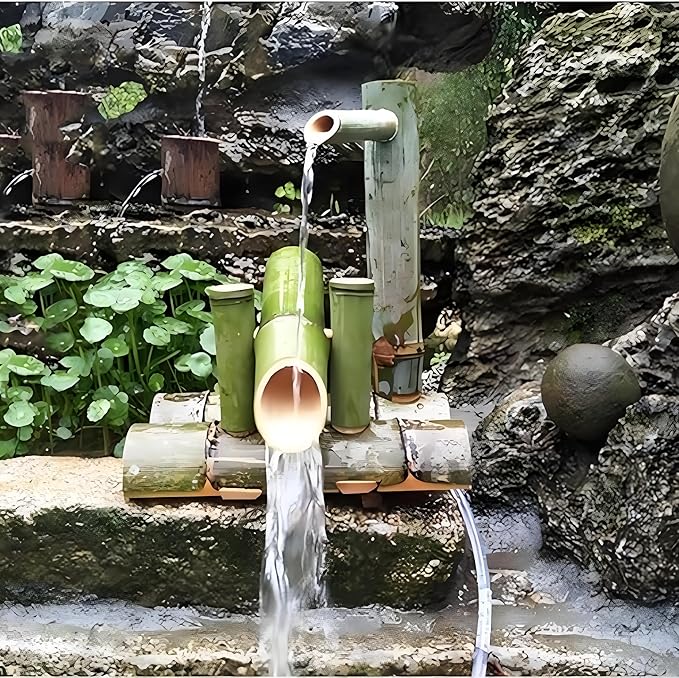 Powered Bamboo Water Fountain, Fountain Japanese Garden Waterfall Nozzle Outdoor 100% Handmade, Decor，
