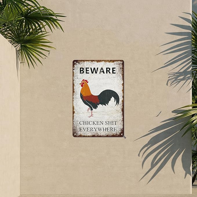 Beware Chicken Shit Everywhere Vintage Metal Sign Retro Wall Decor for Chicken Coop Farmhouse Wall Decor Funny Coop Garden Man Cave Farm Outdoor Decorations Chicken Coop Accessories 12x8 Inch