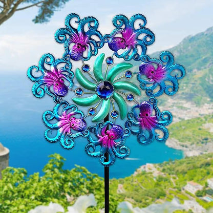 Octopus Wind Spinners 49" Garden Spinner Stake Outdoor Large Metal, Windmills Gifts for Mother's Day Birthday Lawn Patio Decor（Blue）