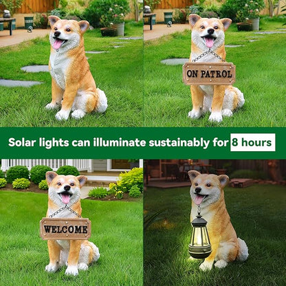 Akita Dog Sculpture with Solar Lantern & Signposts, 'On Patrol' & 'Welcome' - Outdoor Decorative Resin Dog Statue for Yard, Patio, Garden