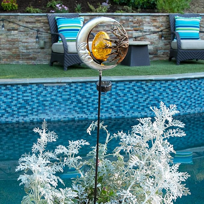 Exhart Garden Stake, Sun and Moon Solar Garden Sculpture, LED Amber Crackle Glass Orb, Silver Metal Outdoor Lawn Decor and Yard Art, 8.5 x 3 x 38 Inch