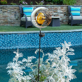 Exhart Garden Stake, Sun and Moon Solar Garden Sculpture, LED Amber Crackle Glass Orb, Silver Metal Outdoor Lawn Decor and Yard Art, 8.5 x 3 x 38 Inch