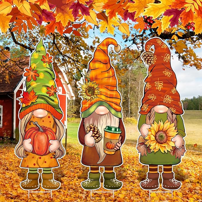Umigy 3 Pcs Thanksgiving Yard Decor Cute Fall Autumn Gnome Yard Sign with Stakes 32 x 10 Inch Gnome Outdoor Lawn Decor, Outside Thanksgiving Garden Decoration for Home Pathway Walkway