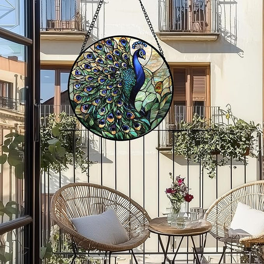 DASTOLL Stained Glass Window Hanging, Blue Green Peacock Decor Suncatcher for Door Garden Home Decoration Bird Sun Catchers Christmas Mother's Day Birthday Gifts for Women Men Mom Nana Friend 6.3 in