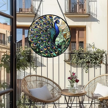 DASTOLL Stained Glass Window Hanging, Blue Green Peacock Decor Suncatcher for Door Garden Home Decoration Bird Sun Catchers Christmas Mother's Day Birthday Gifts for Women Men Mom Nana Friend 7.8 in