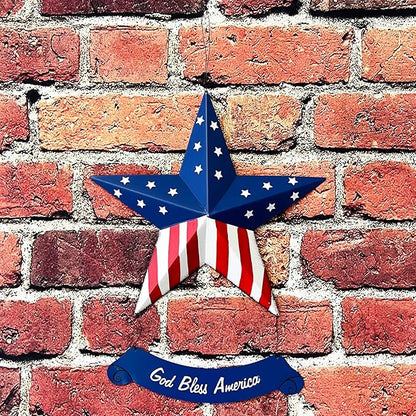 Rustic Metal 3D Barn Americana Stars Patriotic Wall Decoration American Flag Wall Star July 4th Country Americana USA Star with God Bless America Sign