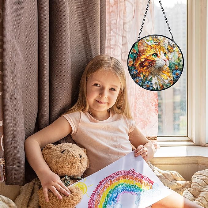 Cat Flower Suncatcher Stained Glass Window Hanging, Butterfly Floral Orange Cat Sun Catchers Indoor Window Glass Wall Art Decor, Kitten Floral Wall Hanging Decor, 7.9x7.9 Inch 035-MH-BLGH
