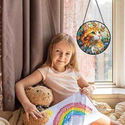 Cat Flower Suncatcher Stained Glass Window Hanging, Butterfly Floral Orange Cat Sun Catchers Indoor Window Glass Wall Art Decor, Kitten Floral Wall Hanging Decor, 7.9x7.9 Inch 035-MH-BLGH