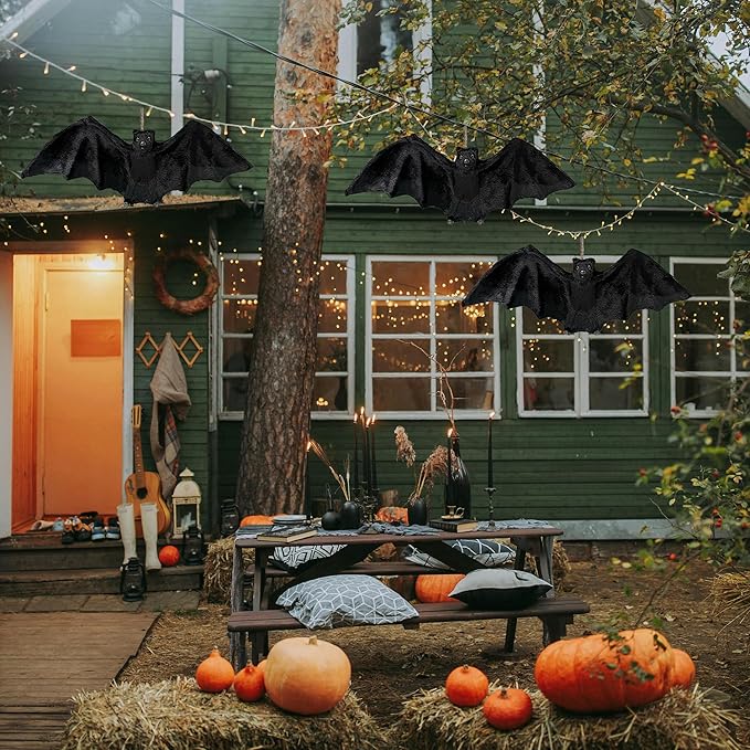 2pcs Black Hanging Bats Halloween Decorations–Scary/Spooky Halloween Decor for Indoor Outdoor Haunted House, Party, Yard, Home, Porch, Garden, and Office