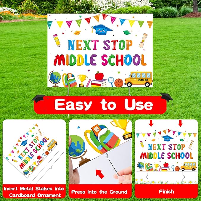 5th Grade Grad Yard Sign - Class of 2026 Elementary Graduate Lawn Sign with Stake Next Stop Middle School Congrats Graduation Waterproof Party Decorations Favors for Outdoor Garden Photo Booth Props