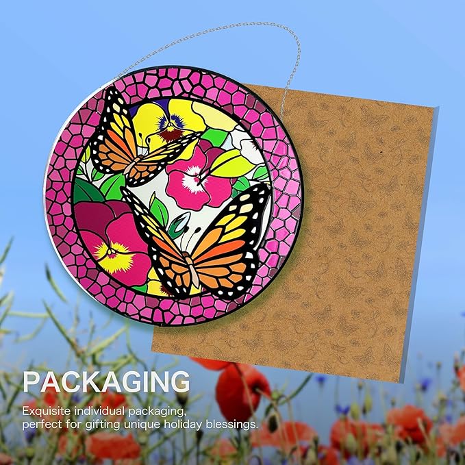 Hanway Suncatcher in Colorful Stained Glass 12" Dia - Genuine Brightly Colored Glass, Protective Metal Edge, Ready to Use Hanging Chain, for Window, Garden (Butterfly 2)