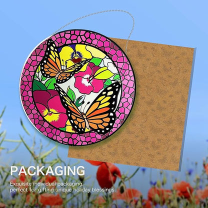 Hanway Suncatcher in Colorful Stained Glass 12" Dia - Genuine Brightly Colored Glass, Protective Metal Edge, Ready to Use Hanging Chain, for Window, Garden (Butterfly 2)