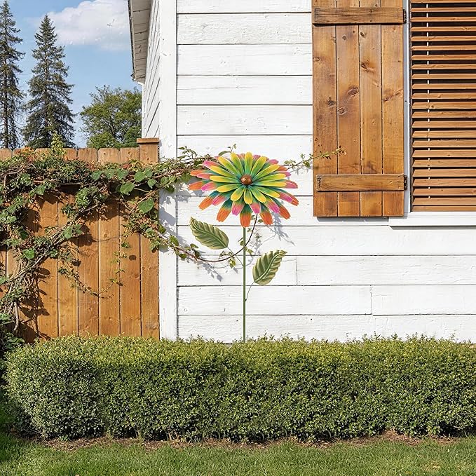 Glitzhome Metal Flower Yard Stake, 41" H Hand Painted Garden Flower with Red Green Petals, Iron Garden Yard Spring Decor for Lawn Landscape